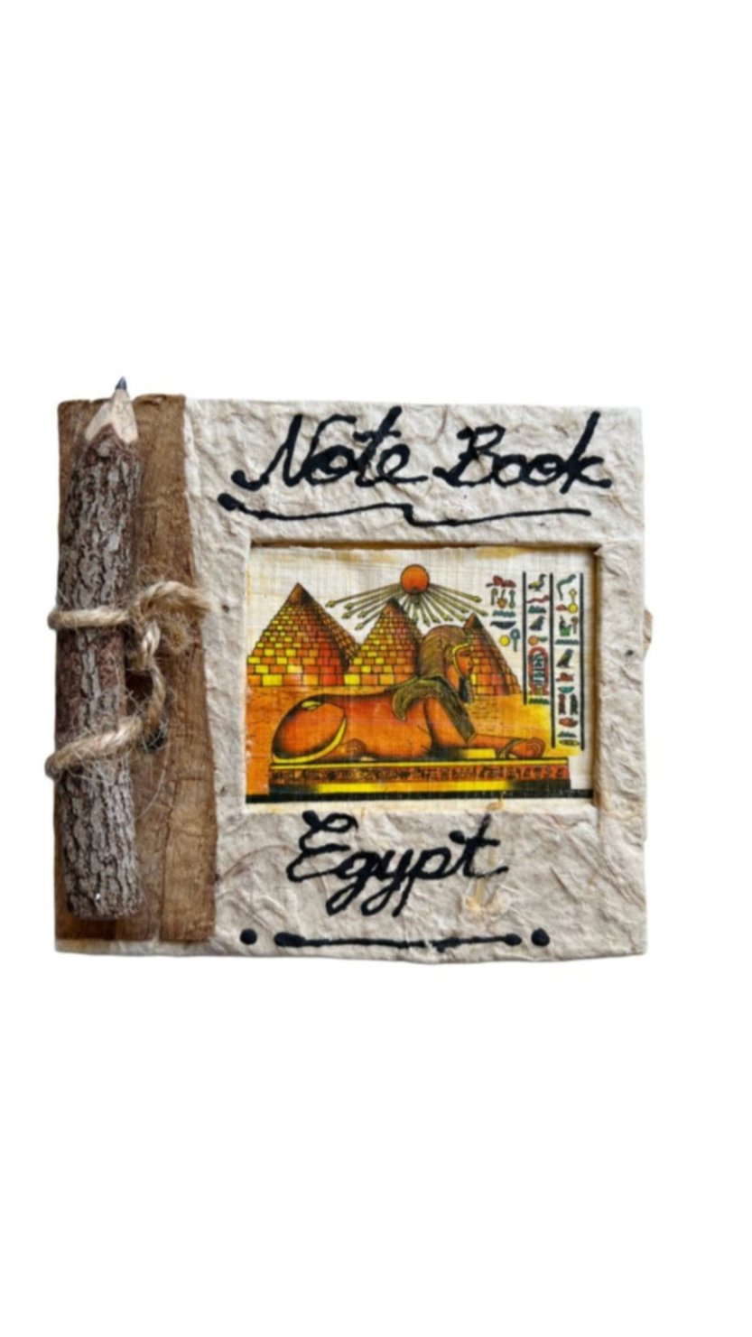 Pyramids and Sphinx Handcrafted Papyrus Medium Notebook with a Wooden Pen
