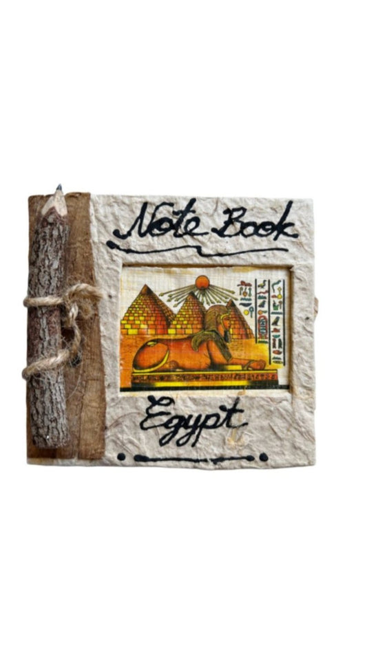 Pyramids and Sphinx Handcrafted Papyrus Medium Notebook with a Wooden Pen